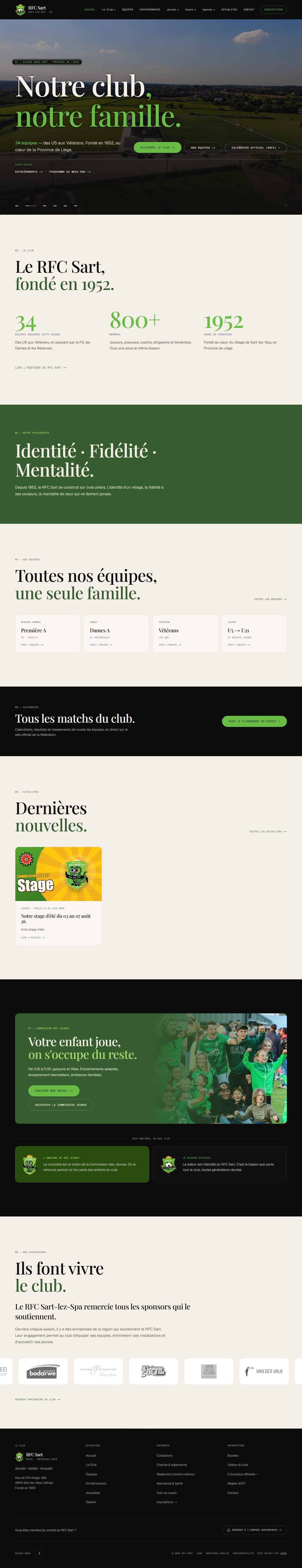 Le site du RFC Sart, en ligne sur rfcsart.be, défilé de la page d’accueil