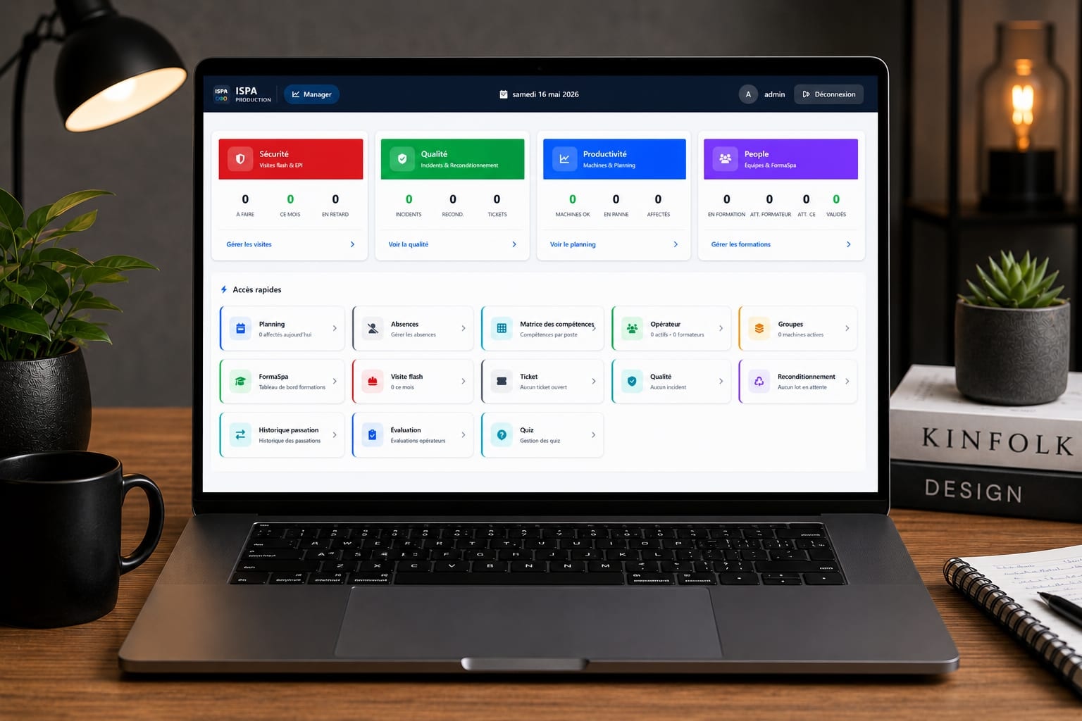 Application ISPA sur MacBook, cockpit manager avec les espaces Sécurité, Qualité, Production et Stock