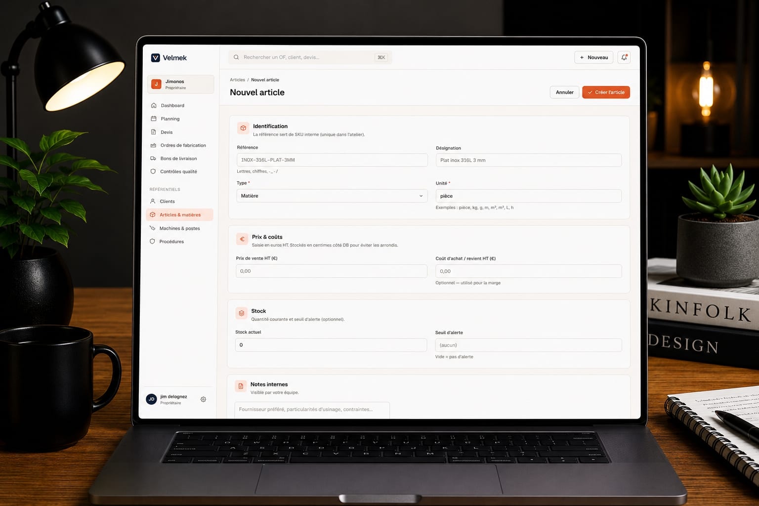 Application Velmek sur MacBook, fiche article avec identification, prix et stock