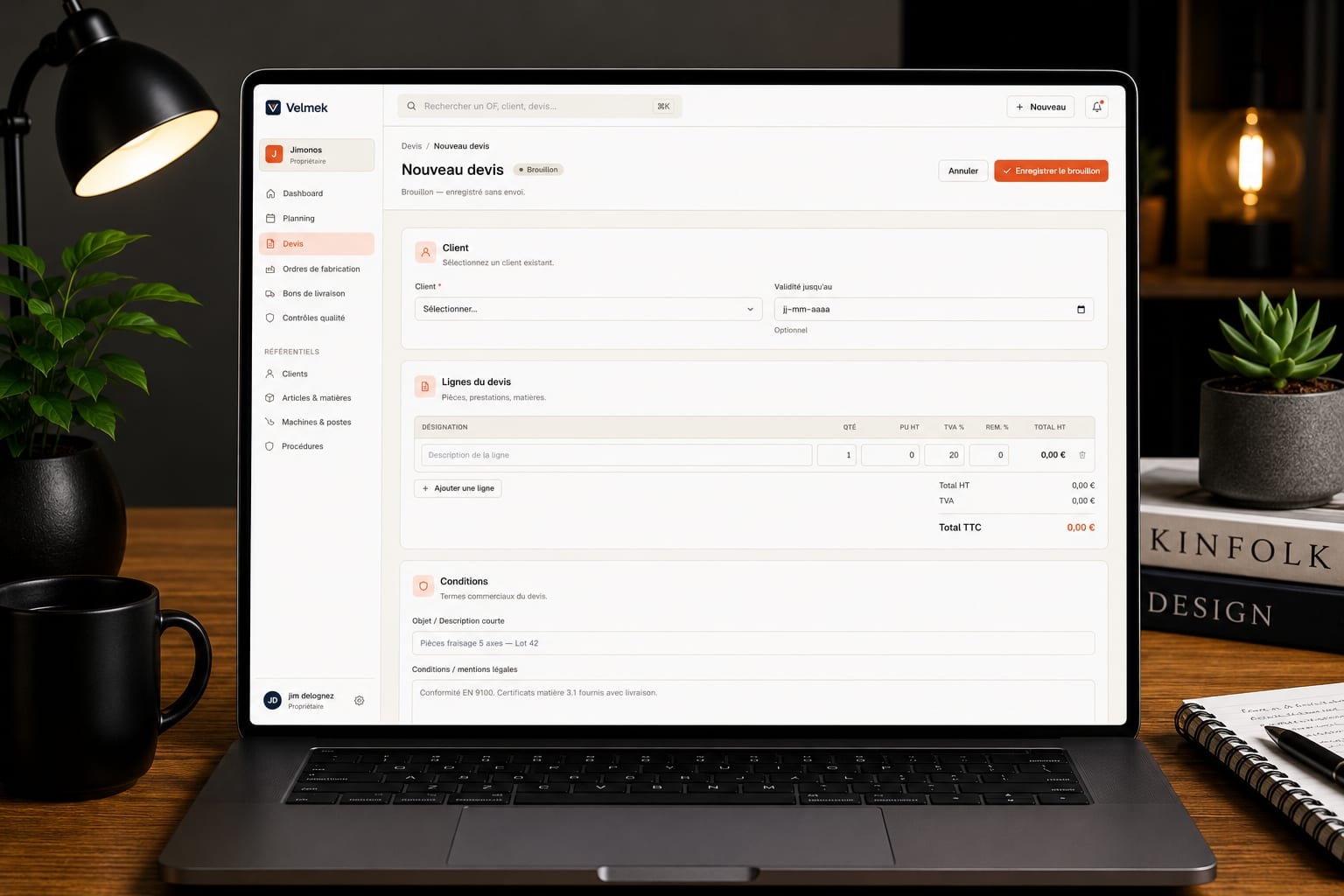 Application Velmek sur MacBook, écran de création d’un devis chiffré