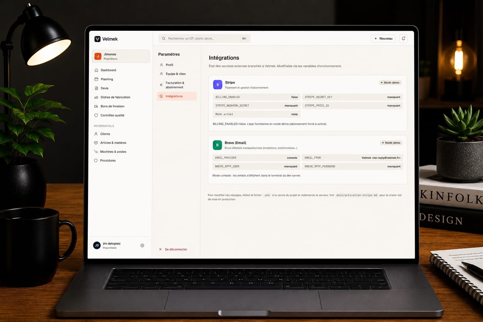 Application Velmek sur MacBook, écran des intégrations et connecteurs