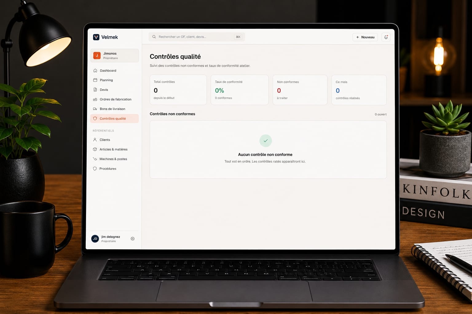 Application Velmek sur MacBook, module de contrôles qualité